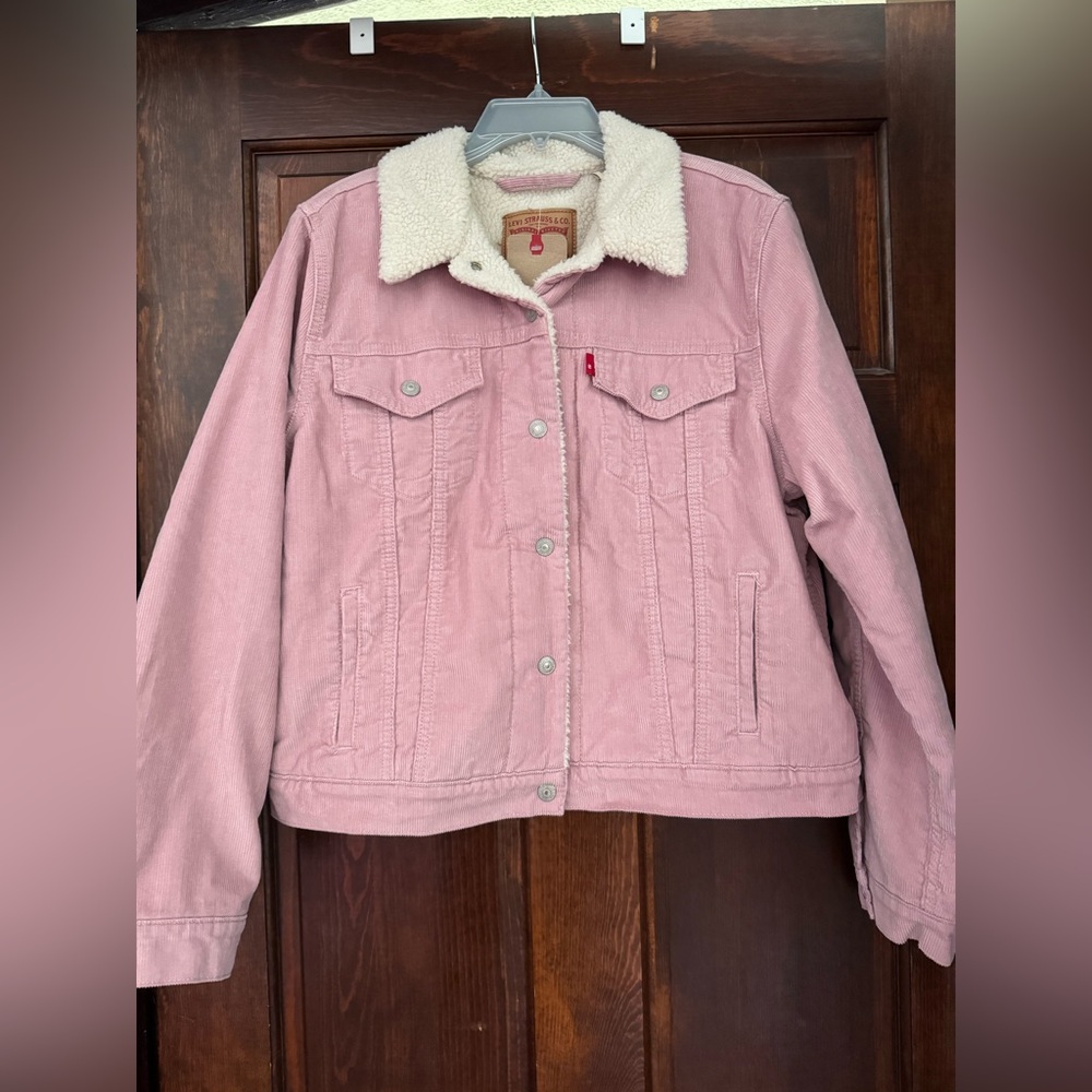 Levis Womens Pink Corduroy Sherpa Lined Original Trucker Jacket Size Large NWT